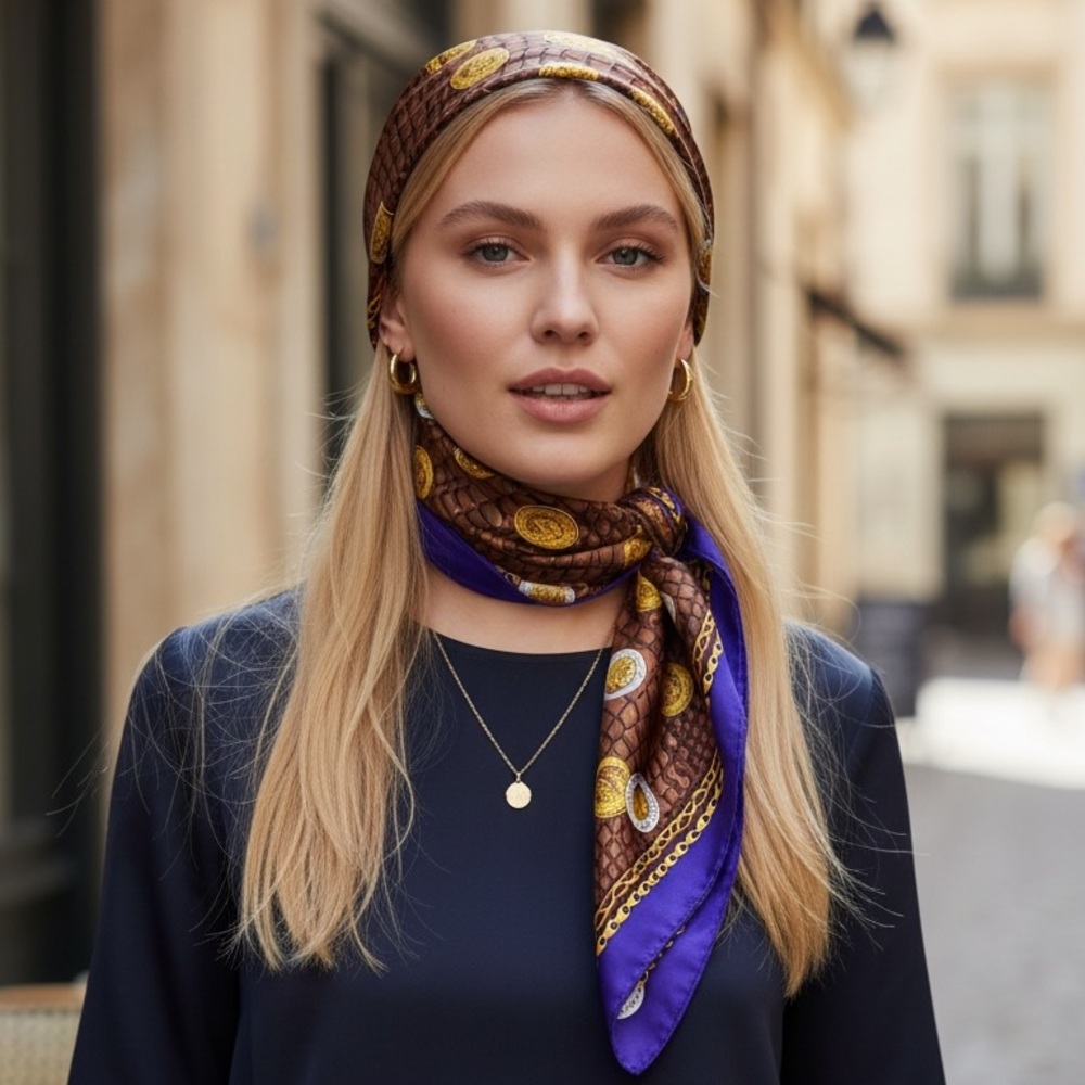 Celine Paris 100% Silk Scarf Chain Coin Print Purple Brown Gold Large